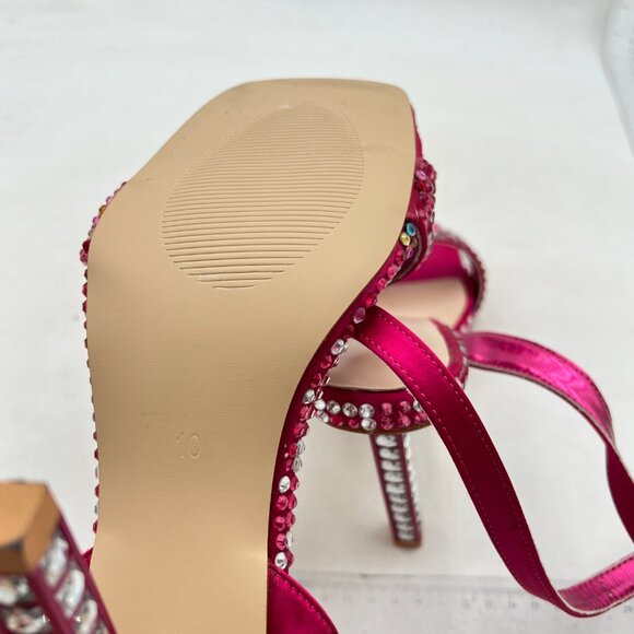 XYD Pink Sparkle Square Open Toe Buckle Ankle Strap Sparkling High Heel Sandals - Picture 6 of 8